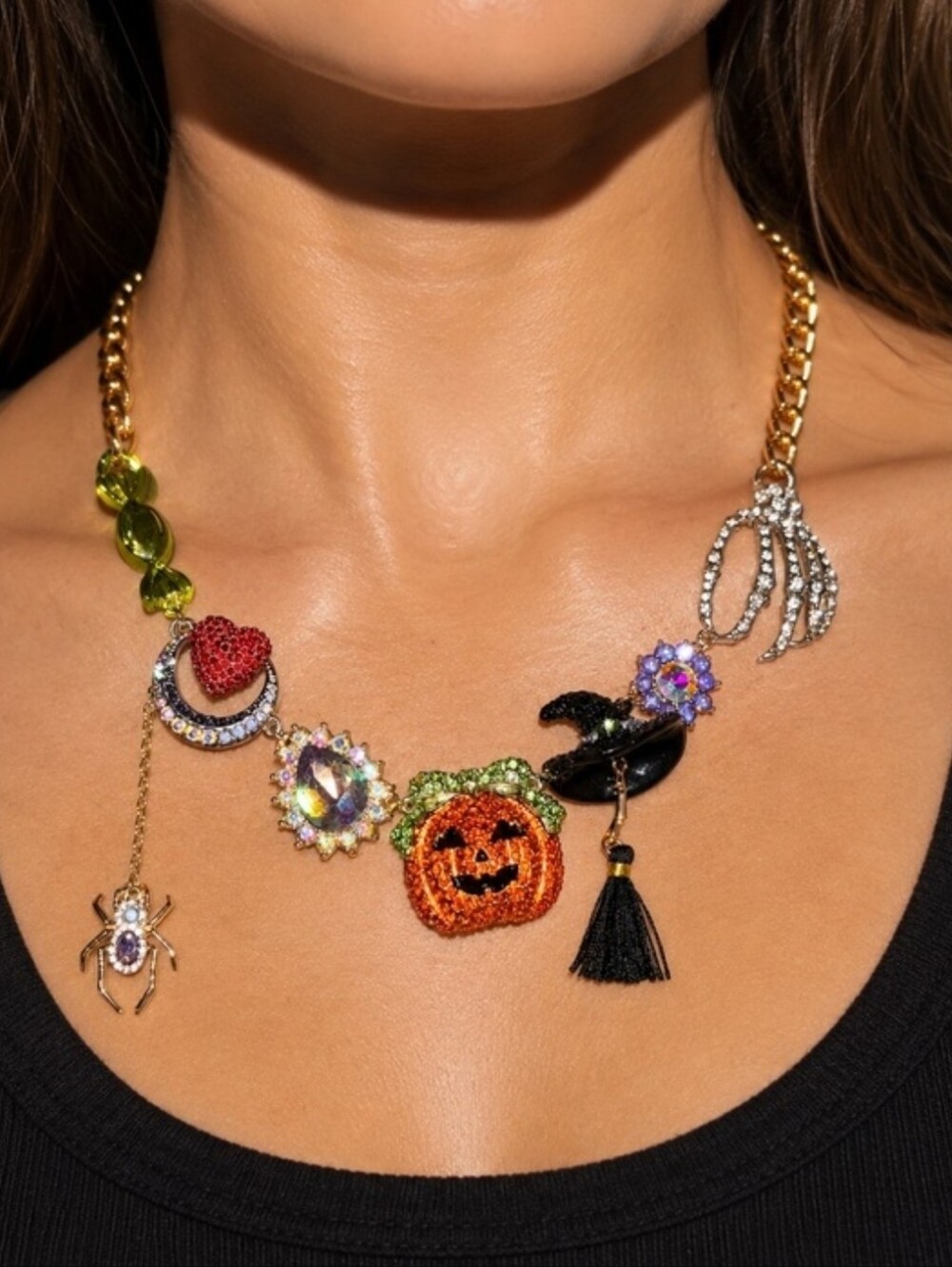 NEW Betsey Johnson Halloween Charm Gold Chain Link Necklace CZ Pavé Crystals NWT